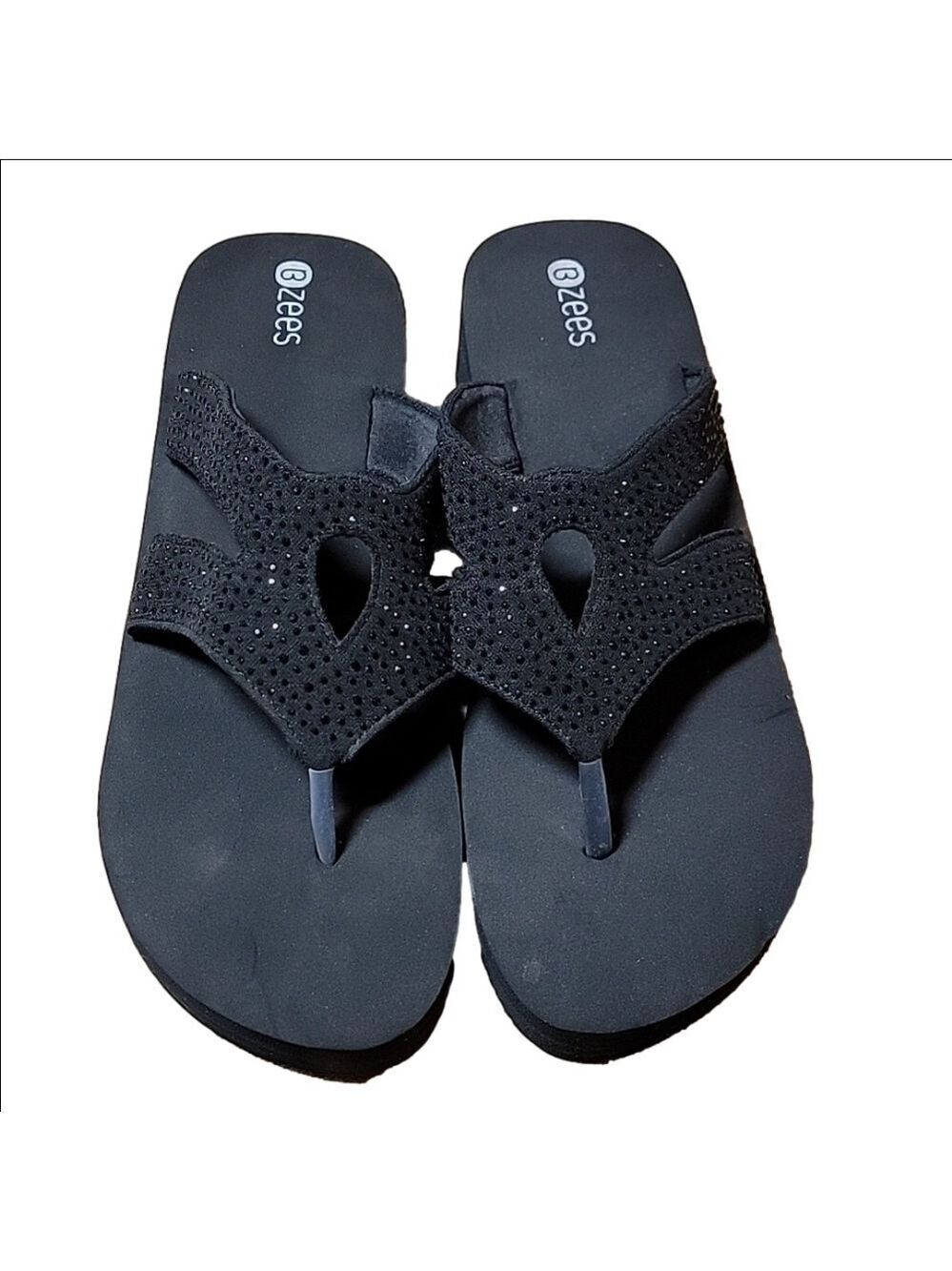 Bzees Black Embellished Wedge Thong Sandals Size 11 NWOT No Box